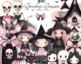 Pink Halloween Watercolor Clipart, Cute Pastel Halloween, Pink Pumpkin Clip Art, Rose Halloween, Ghosts, Skull Girl PNG halloween sticker