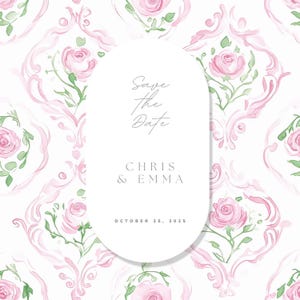 May include: Save the Date wedding invitation with a white oval frame on a pink floral background. The text reads "Save the Date" with the names "Chris & Emma" and the date "October 25, 2025".