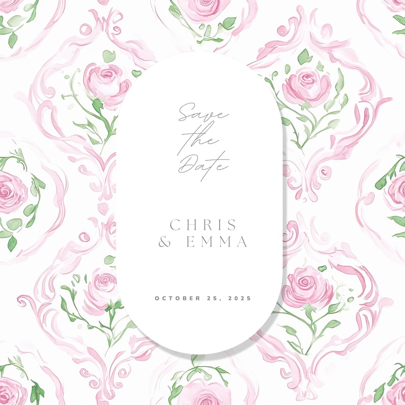 May include: Save the Date wedding invitation with a white oval frame on a pink floral background. The text reads "Save the Date" with the names "Chris & Emma" and the date "October 25, 2025".
