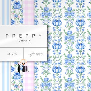Grandmillenial Blue and Green Pumpkin Patterns, Preppy Floral Autumn Seamless Digital Paper, Watercolor Floral Vines, Trellis, Fall Print