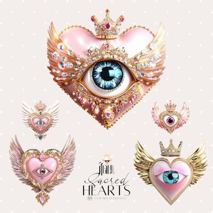 May include: A set of five digital clipart images featuring pink hearts with gold wings, crowns, and an eye design. The text "Sacred Hearts" is included in the image.