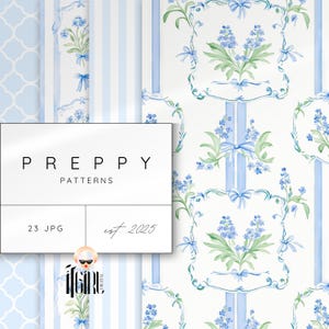 Papel digital Grandmillenial Preppy Seamless, padrões florais pastel aquarela azul bebê, impressão de berçário, padrão Grandmillenial