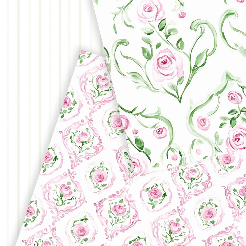 May include: Two seamless patterns featuring pink roses and green leaves on a white background. One pattern has a repeating floral design, while the other has a more intricate design with ornate frames.