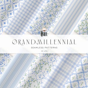 Puede incluir: Una colección de patrones sin costuras en azul y blanco, con diseños florales, a rayas y a cuadros. Se muestra el texto "GRAND MILLENNIAL", "SEAMLESS PATTERNS" y "40 JPG". Ideal para diversos proyectos.