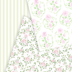 May include: Three different floral patterns featuring pink roses and green leaves on a white background. The patterns are arranged in a triangular shape with a green and white striped background.