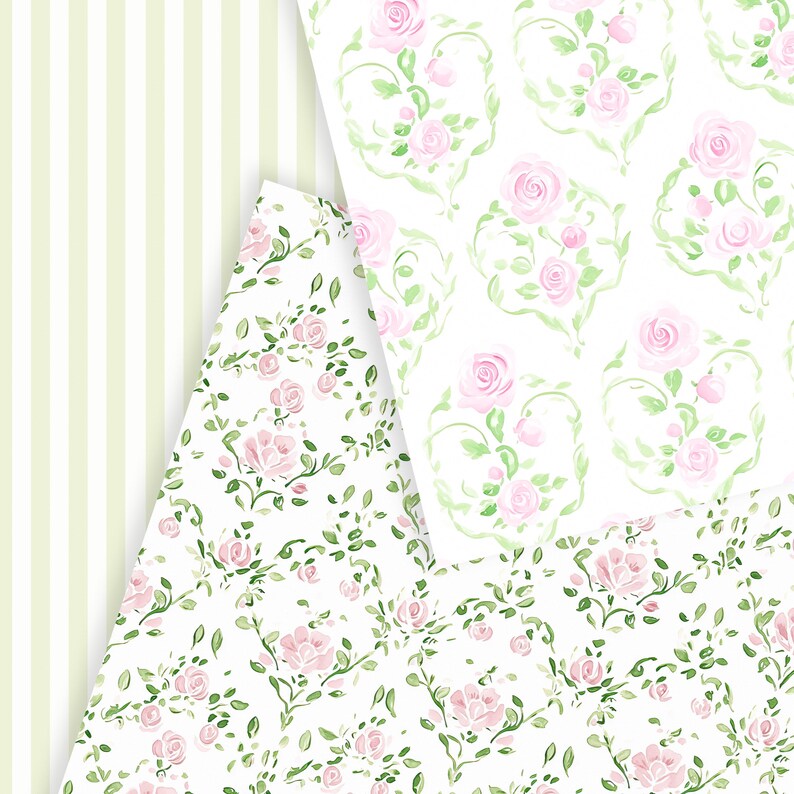 May include: Three different floral patterns featuring pink roses and green leaves on a white background. The patterns are arranged in a triangular shape with a green and white striped background.