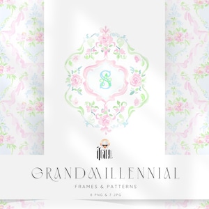 May include: Watercolor design with a central pink and green floral emblem featuring a monogram, surrounded by roses and flourishes. The words "GRAND MILLENNIAL" and "FRAMES & PATTERNS" are displayed below the emblem, with the text "8 PNG & 7 JPG".