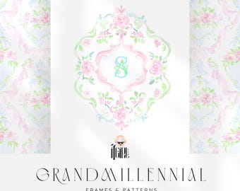 Grandmillennial Rose Frames PNG: Preppy Pastel Nursery Monogram Crest Clipart