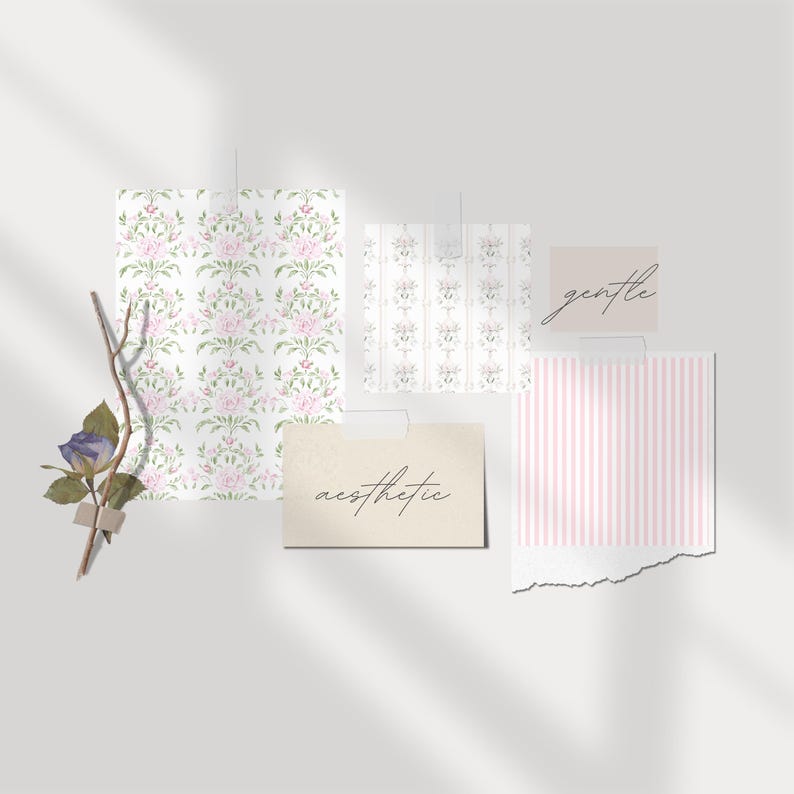 May include: Four pieces of paper with different patterns and text. The top left paper has a floral pattern with pink and green flowers. The top right paper has a white and grey pattern with a floral design. The bottom left paper has the word "aesthetic" written on it. The bottom right paper has pink and white stripes and the word "gentle" written on it.