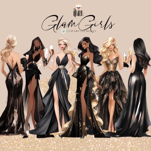 Glam Girl Clipart, new years eve glamour girls, black and gold, christmas girl clipart, watercolor clipart, champagne clipart, celebrate image 1