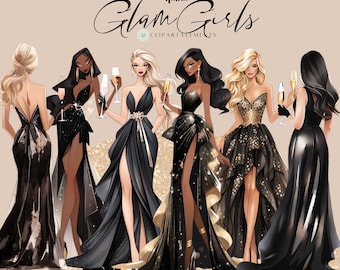 Glam Girl Clipart: Black and Gold New Year's Eve (Digital Download)