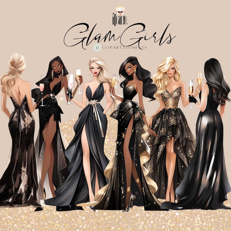 Glam Girl Clipart, new years eve glamour girls, black and gold, christmas girl clipart, watercolor clipart, champagne clipart, celebrate image 1