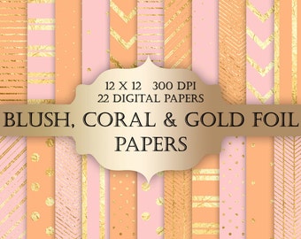 Gold Foil Polka Dot Stripes & Chevron Digital Paper - polka dot glitter metallic printable backgrounds scrapbooking invitations coral pink