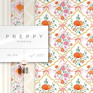 May include: Digital paper pack featuring a "Preppy Pumpkin" theme. The design includes floral patterns, pumpkins, and bows in shades of orange, pink, and gold on a white background. The pack includes 68 JPG files, with the text "est. 2025".