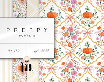 Grandmillennial Pumpkin Pattern Set, Preppy Seamless Digital Paper, Trendy Botanical Print