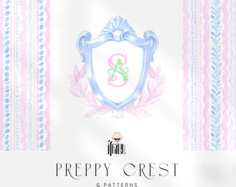 Grandmillennial Monogram Crest PNG Clipart: Preppy Blue and Pink Frames and Seamless Patterns