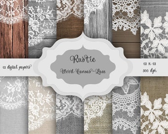 Rustic Wood, Canvas & LACE Digital Paper Pack - wood, canvas and vintage lace pattern backgrounds for wedding invitations bridal shower