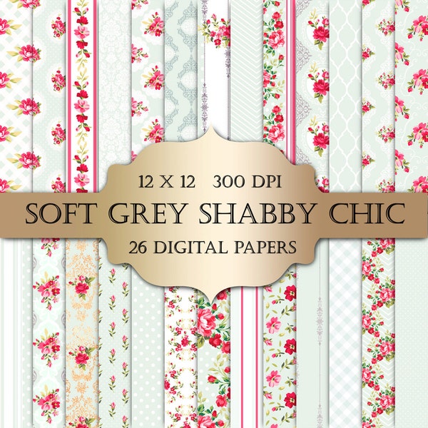 Shabby Chic Digital Paper - Vintage grey pastel floral lace damask pattern background, scrapbooking, wedding invitations, cards, decoupage