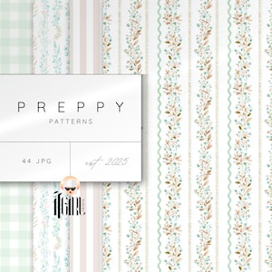 Può includere: Una collezione di motivi preppy in vari design. I motivi includono stili floreali, a righe e a quadri in morbidi colori pastello. L'immagine include il testo "PREPPY PATTERNS" e "est. 2025".