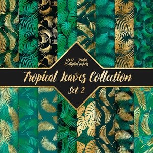 Gold Foil Tropical Leaf Digital Papers - tropische bladeren goud zomer clipart exotische groene bruiloft uitnodiging scrapbook planner stickers