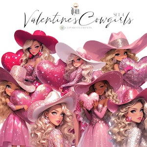 Pastel Pink Valentines Cowgirl Clipart, lindas imágenes prediseñadas de chicas, día de San Valentín, imágenes prediseñadas de acuarela, planificador, vaquera retro, San Valentín PNG