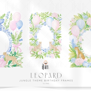 May include: Watercolor illustrations of leopard-themed birthday frames. Each frame features a leopard, balloons, and floral arrangements in pink, blue, and green. The frames have a vintage, elegant style, perfect for jungle-themed parties.