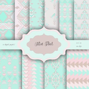 Mint Tribal Digital Paper Pack: Hand Drawn Pastel Patterns (Digital Download)