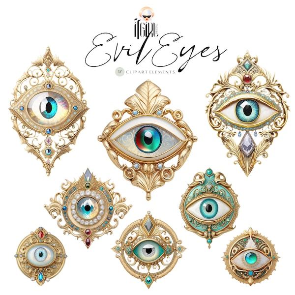 Vintage Evil Eye PNG Bundle - gold evil eye third eye hamsa bohemian Turkish Eye Protection planner stickers Ephemera Victorian Junk Journal