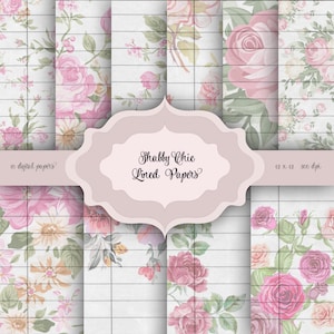 Foderato Shabby Chic fiori Digital Paper Pack - sfondo di motivi floreali Vintage journal foderato per scrapbooking, inviti di matrimonio, carte