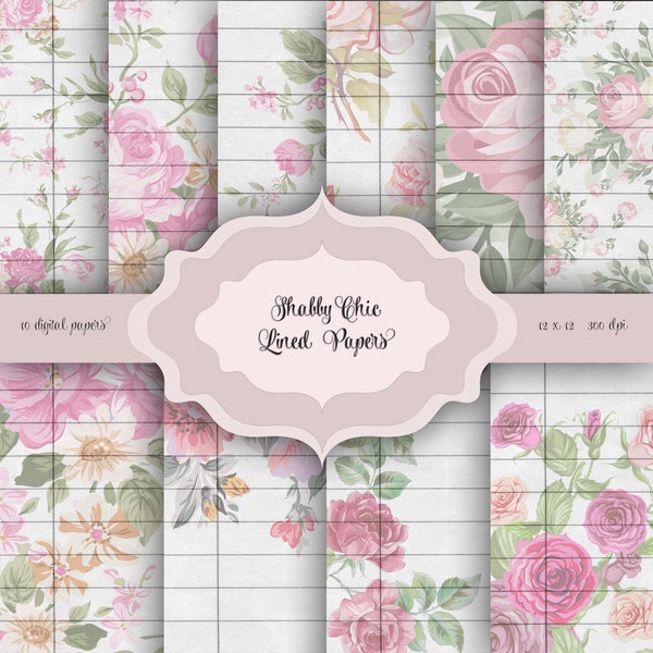 Lined Shabby Chic Flowers Digital Paper Pack - Vintage journal lined floral pattern background for scrapbooking, wedding invitations, cards