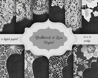 Chalkboard & LACE Digital Paper Pack - Vintage lace chalkboard pattern backgrounds for scrapbooking, wedding invitations, bridal/baby shower