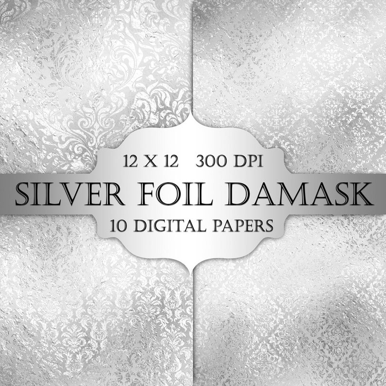Silver Foil Damask Digital Paper silver floral grey damask metallic printable backgrounds scrapbooking wedding invitation cards planner image 1