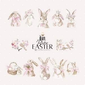 Neutral Boho Ostern Clipart, Ostern Korb Clipart, Rustikal Oster Clipart, Hase PNG, Baby Hase, Kinderzimmer Dekor, Cottagecore Dekor