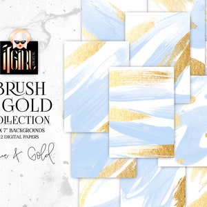 Blue & Gold Brush Stroke Digital Paper: Watercolor Textures (5x7 JPEG)