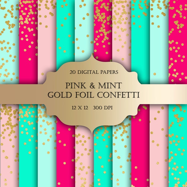 Gold Foil Dot Confetti Digital Paper - polka dot glitter metallic christmas printable backgrounds scrapbooking invitations mint pink