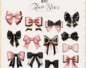 May include: A set of 13 digital clipart elements featuring glam bows in pink and black with gold accents. The bows are perfect for adding a touch of elegance to your designs.
