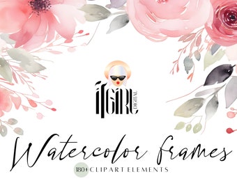 Aquarell Blumenrahmen Clipart: Hochzeitseinladung PNG (Digital Download)