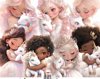 Clipart de princesa unicornio en acuarela: arcoíris para guardería (descarga digital)