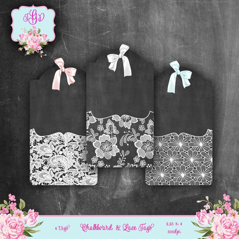 Instant Download set of 6 Chalkboard /& LACE Digital Printable Collage Sheet hang gift tags journaling backgrounds cards