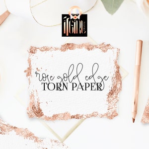 Papier garni avec bord d’or rose, clipart déchiré de papier, feuille d’or rose, papier organique déchiré, papier fait main, papier d’invitation de mariage