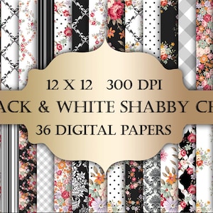 Shabby Chic Digital Papers - black & white polka dot stripes damask stripes vintage roses printable backgrounds scrapbooking invitations