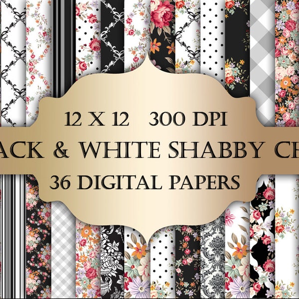 Shabby Chic Digital Papers - black & white polka dot stripes damask stripes vintage roses printable backgrounds scrapbooking invitations
