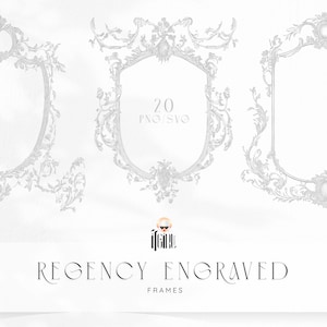 May include: A collection of three ornate, engraved frames in a light gray color, with intricate floral and scrollwork designs. The central frame displays the text "20 PNG SVG". Below, the text "REGENCY ENGRAVED FRAMES" is displayed.