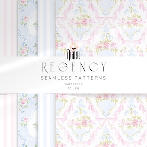 May include: A selection of "Regency" seamless patterns featuring floral designs with pink roses and ribbons, and striped patterns in light blue and pink. The image includes the text "REGENCY SEAMLESS PATTERNS".