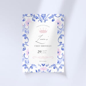 May include: A blue and pink floral patterned invitation for a first birthday party. The invitation says "Please join us to celebrate Laura's First Birthday" and includes the date "Saturday July 29 at 3 pm".
