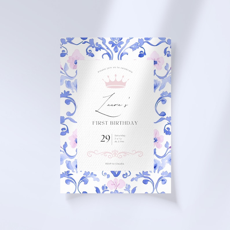 May include: A blue and pink floral patterned invitation for a first birthday party. The invitation says "Please join us to celebrate Laura's First Birthday" and includes the date "Saturday July 29 at 3 pm".