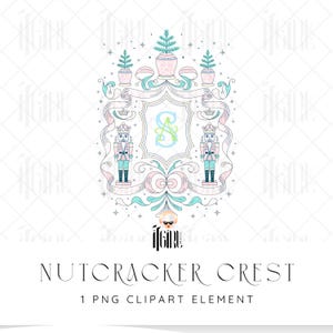 May include: A decorative Nutcracker Crest design in pastel colors. The design features a central crest with the letter "A", flanked by nutcracker figures and potted plants. The text "NUTCRACKER CREST" and "1 PNG CLIPART ELEMENT" are at the bottom.