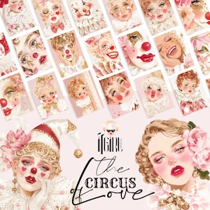 Clipart y tarjetas de circo de amor en acuarela, clipart de circo, tarjeta de San Valentín, clipart de amor, lindas pegatinas, circo rosa, archivo PNG