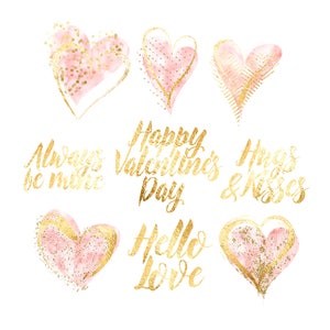 Blush Watercolor Gold Foil Hearts Clipart Valentines Clipart Love Word ...