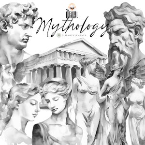 Clipart aquarelle de la mythologie grecque, clipart statue, clipart sculpture, statue de David, grec ancien, pilier antique, Athènes, clipart déesse